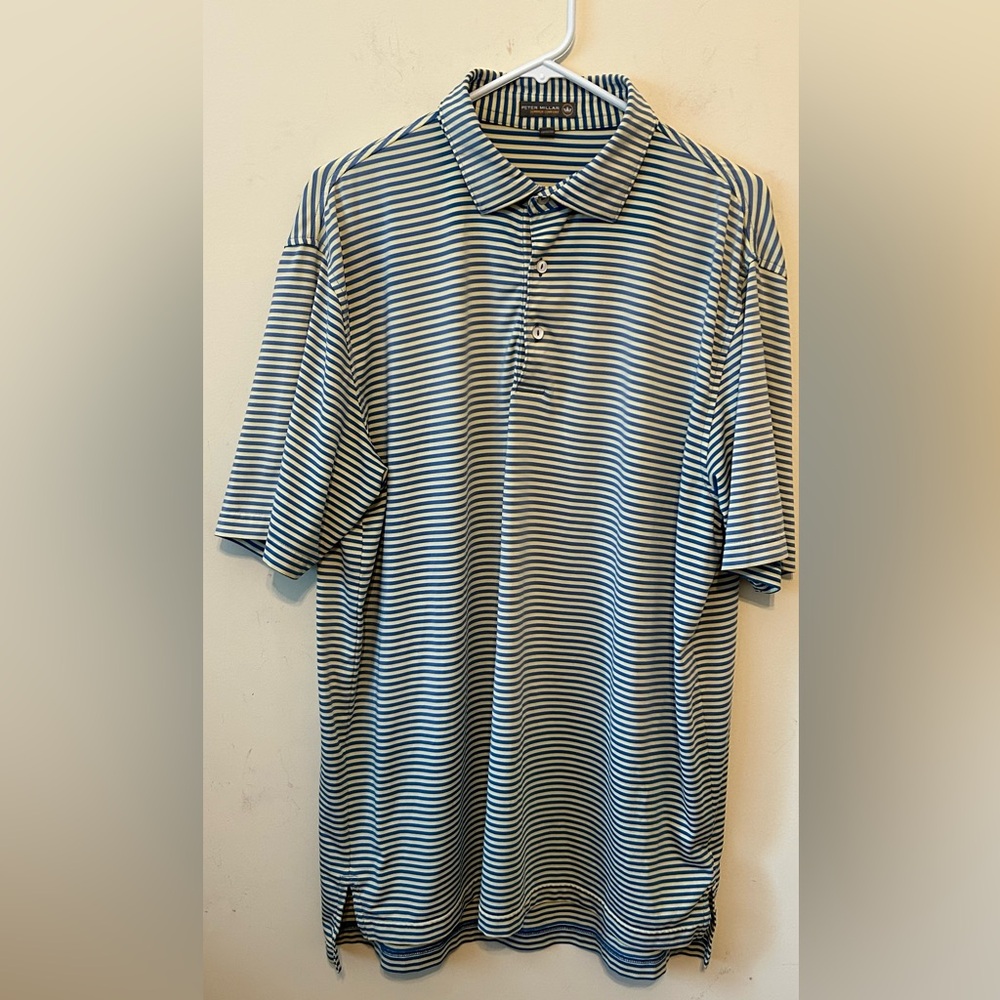 Peter Millar Men's Golf Cream Blue Striped Polo Shirt‎ Summer Comfort Size Large